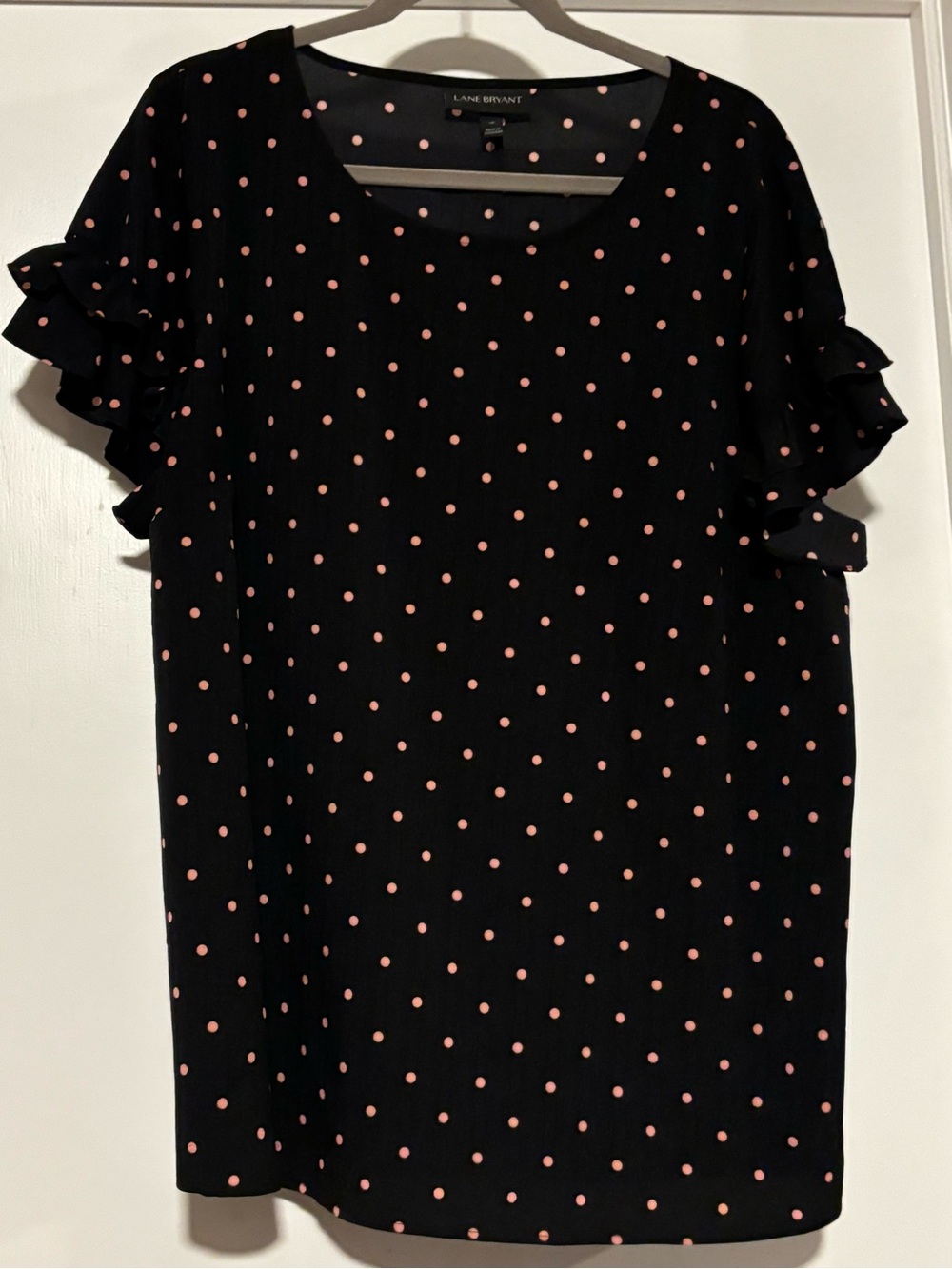 ⭐️Lane Bryant Black Top with Pink Polka Dots and Ruffle Sleeves